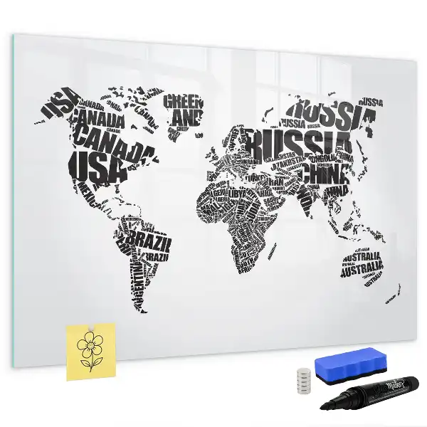 World map magnetic marker board with a magnetic surface