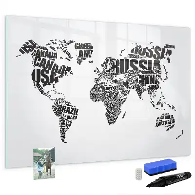 World map magnetic marker board with a magnetic surface
