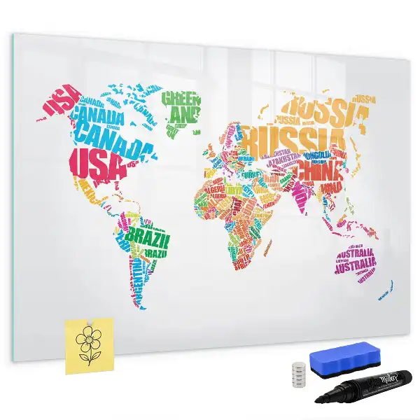 Magnetic glass dry erase board with a colorful country names design