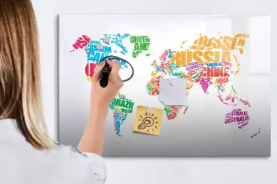 Magnetic glass dry erase board with a colorful country names design