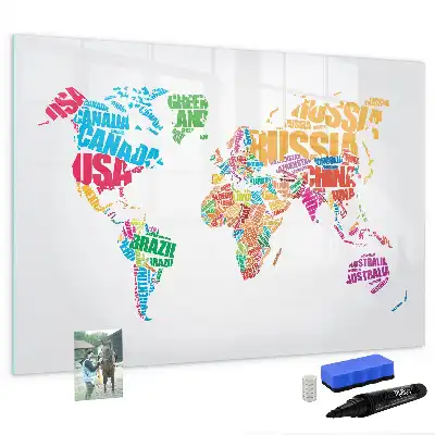 Magnetic glass dry erase board with a colorful country names design