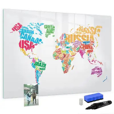 Magnetic glass dry erase board with a colorful country names design