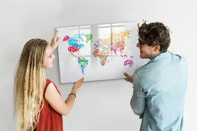 Magnetic glass dry erase board with a colorful country names design