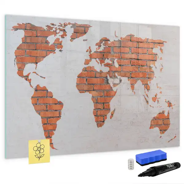 Magnetic glass dry erase board world map on brick design