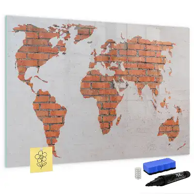 Magnetic glass dry erase board world map on brick design