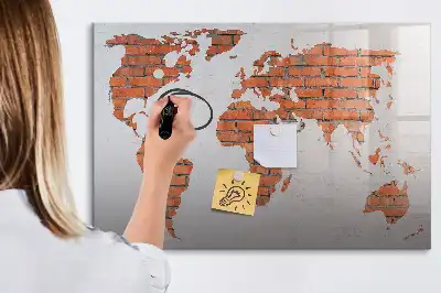 Magnetic glass dry erase board world map on brick design