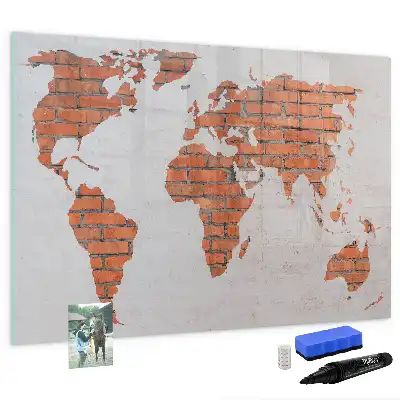 Magnetic glass dry erase board world map on brick design