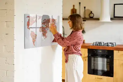 Magnetic glass dry erase board world map on brick design