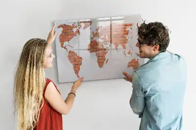 Magnetic glass dry erase board world map on brick design