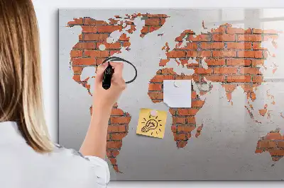 Magnetic glass dry erase board world map on brick design