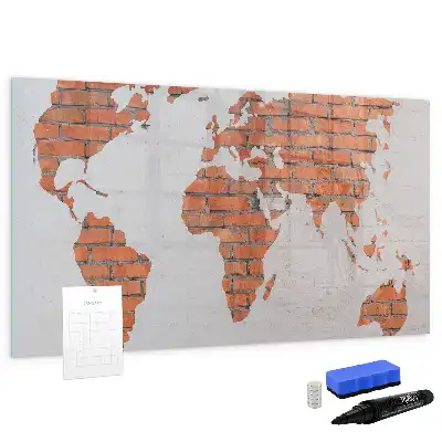 Magnetic glass dry erase board world map on brick design