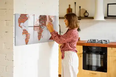 Magnetic glass dry erase board world map on brick design