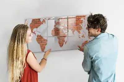 Magnetic glass dry erase board world map on brick design