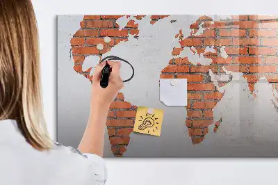 Magnetic glass dry erase board world map on brick design