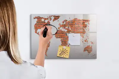 Magnetic glass dry erase board world map on brick design