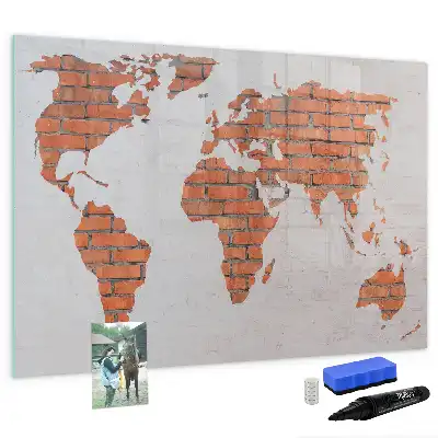 Magnetic glass dry erase board world map on brick design
