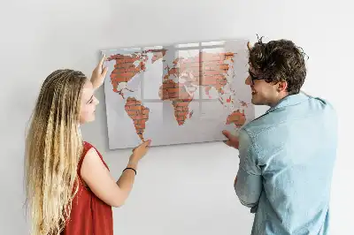 Magnetic glass dry erase board world map on brick design