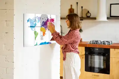 Magnetic glass dry erase board abstract world map design
