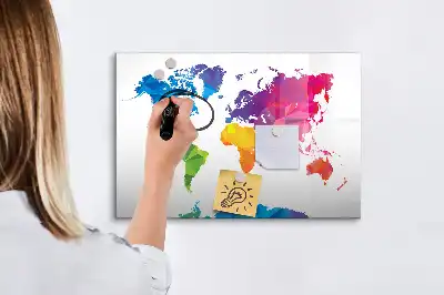 Magnetic glass dry erase board abstract world map design
