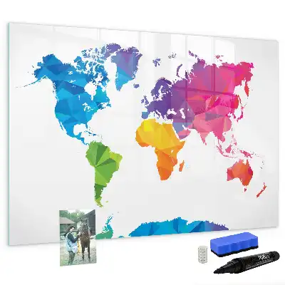 Magnetic glass dry erase board abstract world map design