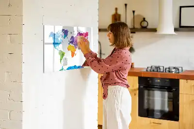 Magnetic glass dry erase board abstract world map design