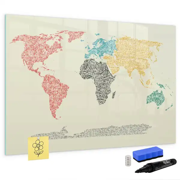 Magnetic glass dry erase board featuring a world map made from letters