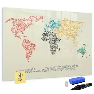Magnetic glass dry erase board featuring a world map made from letters