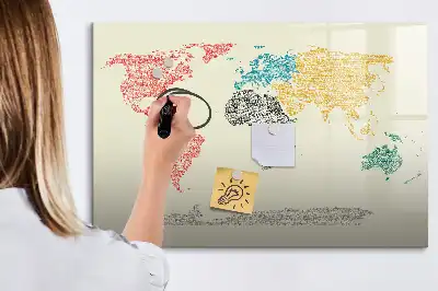 Magnetic glass dry erase board featuring a world map made from letters
