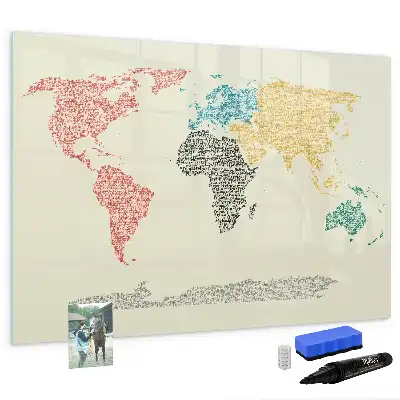 Magnetic glass dry erase board featuring a world map made from letters