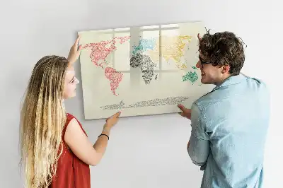 Magnetic glass dry erase board featuring a world map made from letters