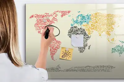 Magnetic glass dry erase board featuring a world map made from letters