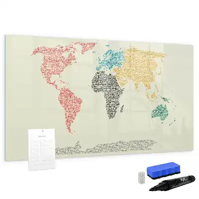 Magnetic glass dry erase board featuring a world map made from letters
