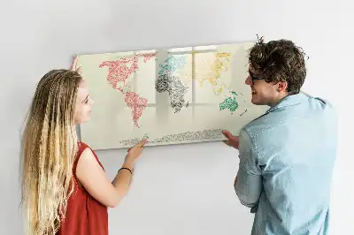 Magnetic glass dry erase board featuring a world map made from letters