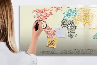 Magnetic glass dry erase board featuring a world map made from letters