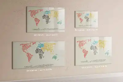 Magnetic glass dry erase board featuring a world map made from letters