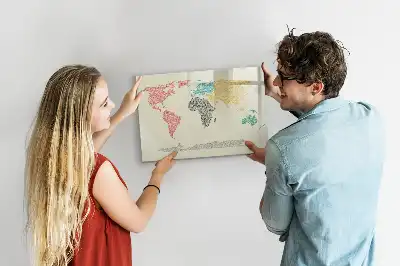 Magnetic glass dry erase board featuring a world map made from letters