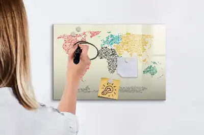 Magnetic glass dry erase board featuring a world map made from letters