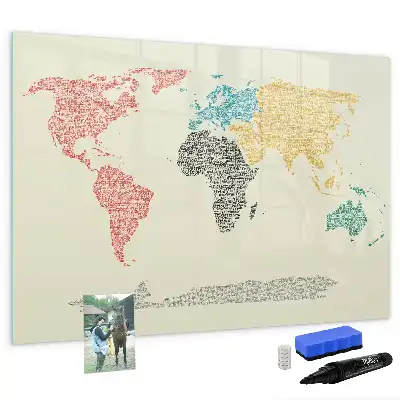 Magnetic glass dry erase board featuring a world map made from letters