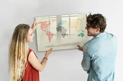 Magnetic glass dry erase board featuring a world map made from letters