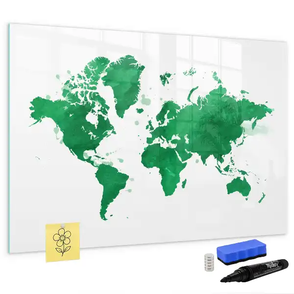 Magnetic glass dry erase board green world map design