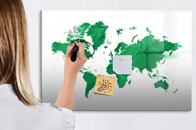Magnetic glass dry erase board green world map design