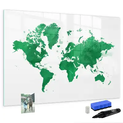 Magnetic glass dry erase board green world map design