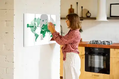 Magnetic glass dry erase board green world map design