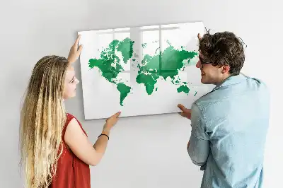 Magnetic glass dry erase board green world map design