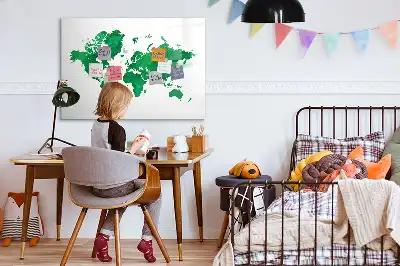 Magnetic glass dry erase board green world map design