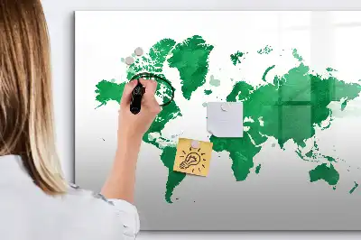 Magnetic glass dry erase board green world map design