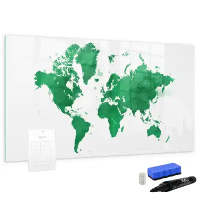 Magnetic glass dry erase board green world map design