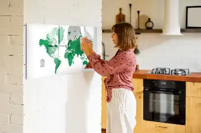 Magnetic glass dry erase board green world map design