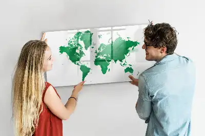 Magnetic glass dry erase board green world map design