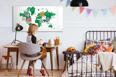Magnetic glass dry erase board green world map design
